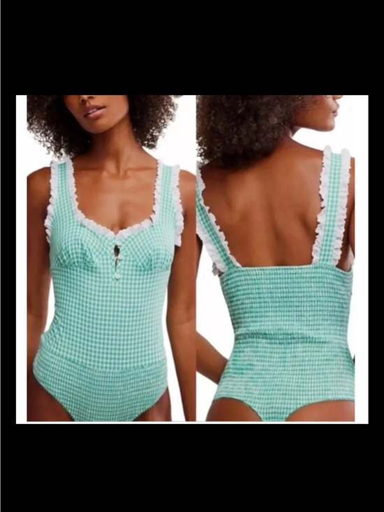 Free People Tops - Free People Cassie Green Gingham Bodysuit with White Ruffle Trim size Large NWOT